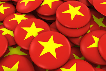 Vietnam Badges Background - Pile of Vietnamese Flag Buttons 3D Illustration