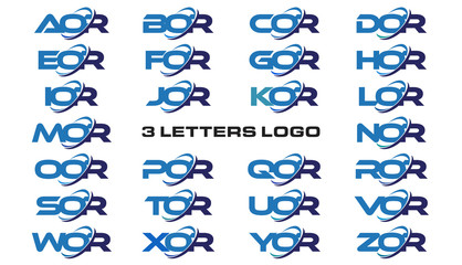 3 letters modern generic swoosh logo AOR, BOR, COR, DOR, EOR, FOR, GOR, HOR, IOR, JOR, KOR, LOR, MOR, NOR, OOR, POR, QOR, ROR, SOR, TOR, UOR, VOR, WOR, XOR, YOR, ZOR