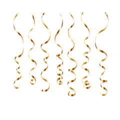 Gold curly ribbon serpentine confetti. Golden streamers set on white background. Colorful design decoration for party, holiday event, carnival, Christmas, New Year greeting. Vector illustration