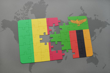 puzzle with the national flag of mali and zambia on a world map
