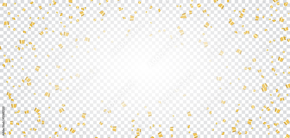 Wall mural Gold bright confetti on white transparent Christmas background. Golden decoration glitter abstract design Happy New Year card, greeting, holiday celebrate banner. Space effect. Vector illustration