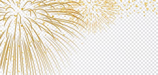 Foto op Canvas Gold bright firework on white transparent Christmas background. Golden decoration glitter abstract design Happy New Year card, greeting, Xmas holiday celebrate, invitation. Vector illustration © alona_s