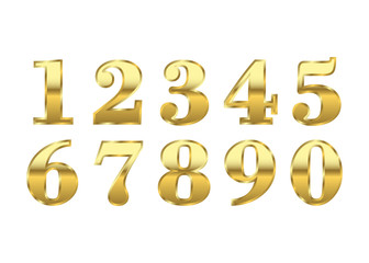 Gold 3d metallic numbers set. Golden metal texture font, isolated on white background. Luxury type symbols. Elegant typography graphic. Bright royal style typeset decoration. Vector illustration