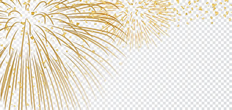 Gold bright firework on white transparent Christmas background. Golden decoration glitter abstract design Happy New Year card, greeting, Xmas holiday celebrate, invitation. Vector illustration