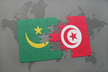 puzzle with the national flag of mauritania and tunisia on a world map