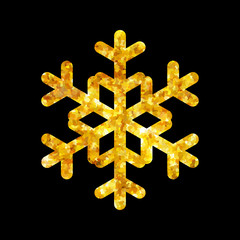 Gold Christmas snowflake icon. Golden fire silhouette snow flake sign isolated black background. Elegant design card, decoration. Symbol winter, New Year holiday celebration Vector illustration