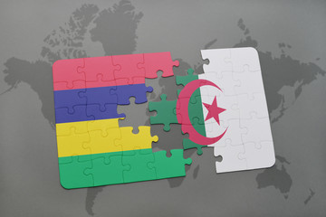 puzzle with the national flag of mauritius and algeria on a world map