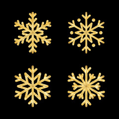 Gold Christmas snowflakes icons set. Golden silhouette snow flake signs isolated on black background. Design for card, decoration. Symbol winter, New Year holiday celebration Vector illustration