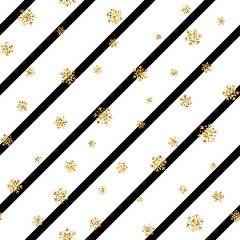 Christmas gold snowflake seamless pattern. Golden glitter snowflakes on black white diagonal lines background. Winter snow design wallpaper Symbol holiday, New Year celebration Vector illustration