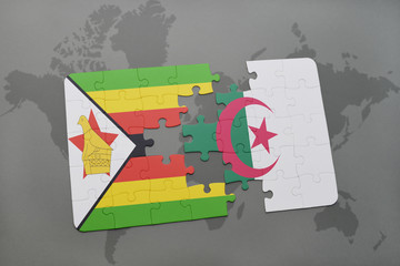 puzzle with the national flag of zimbabwe and algeria on a world map