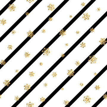 Christmas gold snowflake seamless pattern. Golden glitter snowflakes on black white diagonal lines background. Winter snow design wallpaper Symbol holiday, New Year celebration Vector illustration