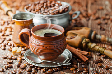 Black coffee on old background