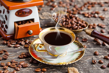 Black coffee on old background