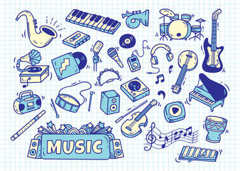 Naklejka premium set of music instrument in doodle style on paper background