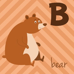 Cute cartoon zoo illustrated alphabet with funny animals: B for Bear. English alphabet. Learn to read. Isolated Vector illustration.