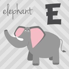 Cute cartoon zoo illustrated alphabet with funny animals: E for Elephant. English alphabet. Learn to read. Isolated Vector illustration.