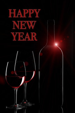 Haopy New Year greeting poster with red wine and flare