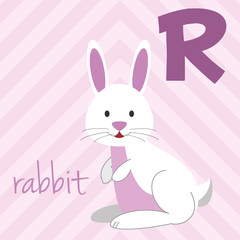 Cute cartoon zoo illustrated alphabet with funny animals: R for Rabbit. English alphabet. Learn to read. Isolated Vector illustration.