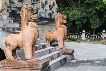 The two stone lions carved Asian Art.
