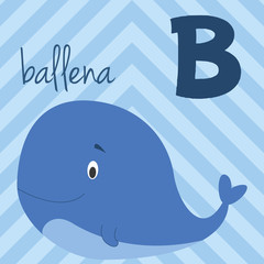Cute cartoon zoo illustrated alphabet with funny animals. Spanish alphabet:  B for Ballena. Learn to read. Isolated Vector illustration.