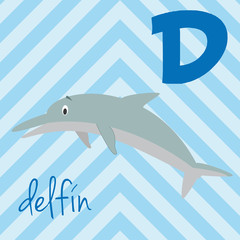 Cute cartoon zoo illustrated alphabet with funny animals. Spanish alphabet: D for Delfin. Learn to read. Isolated Vector illustration. © asantosg