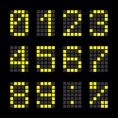 Calculator digital numbers, terminal table led font, with grid, yellow isolated on black background, vector illustration.
