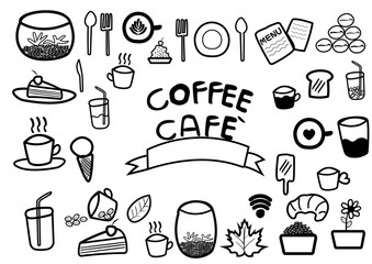 abstract hand draw doodle line in coffee and food cafe concept on white background, vector, illustration, cartoon style