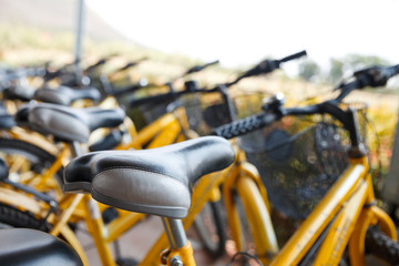 Row of parked bicycles bikes for rent.