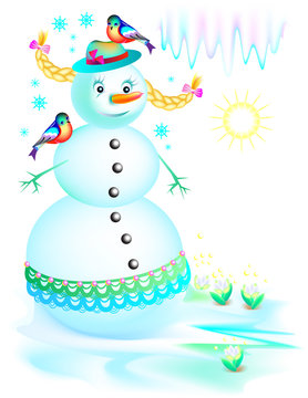 Illustration of funny snowman melting in the spring. Vector cartoon image.