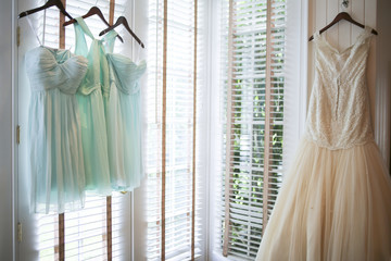 Lace Wedding Dress with Blue Green Bridesmaids Dresses on Hangers