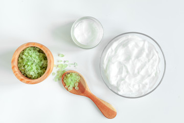 organic cosmetics with extracts of berries white background top view