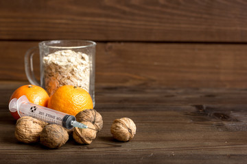 concept food allergies on wooden background