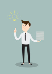 The businessman  pointing to the bulb. Idea concept. Vector flat