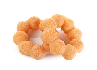 stacked sugared donuts over white background