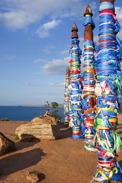 Sacred Wooden Shaman Totems. Baikal Lake