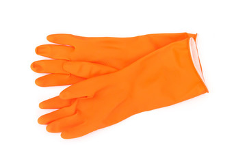 Orange color rubber gloves  for cleaning on white background, ho