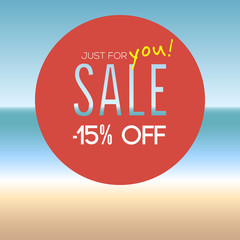 Summer sale badge with percentage on blurred background with seaside. Designed text.