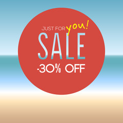Summer sale badge with percentage on blurred background with seaside. Designed text.
