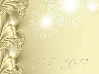 Gold shiny fractal based PF 2017, good luck wishing card for New Year with ornate ribbon stripe on the left edge, several shiny fireworks and delicate gold text with 3d effect. Romantic and festive.