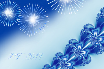 Fototapeta na wymiar Blue shiny fractal based PF 2017, good luck wishing card for New Year with ornate ribbon stripe over the right corner, several shiny fireworks and delicate white and blue text. Romantic and festive.