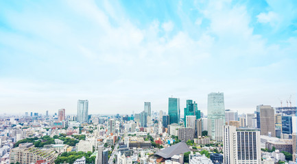Naklejka na ściany i meble Business and culture concept - panoramic modern city skyline bird eye aerial view from tokyo tower under dramatic morning blue cloudy sky in Tokyo, Japan