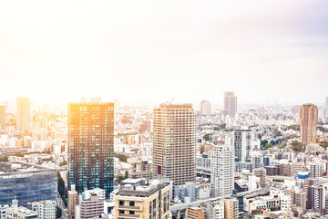 Fototapeta premium Asia Business concept for real estate and corporate construction - panoramic modern cityscape building bird eye aerial view from tokyo tower under sunrise and morning blue bright sky in Tokyo, Japan