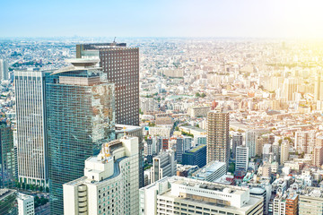 Asia Business concept for real estate and corporate construction - panoramic modern cityscape building bird eye aerial view under sunrise and morning blue bright sky in Tokyo, Japan