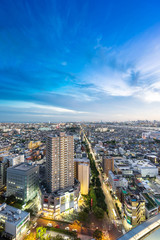 Obraz premium Business and culture concept for real estate and corporate construction - panoramic modern city skyline bird eye aerial night view under dramatic neon glow and beautiful dark blue sky in Tokyo, Japan