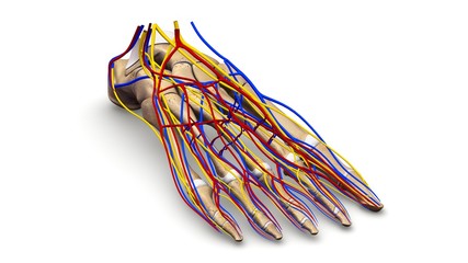 Foot bones with blood vessels and nerves prespective view