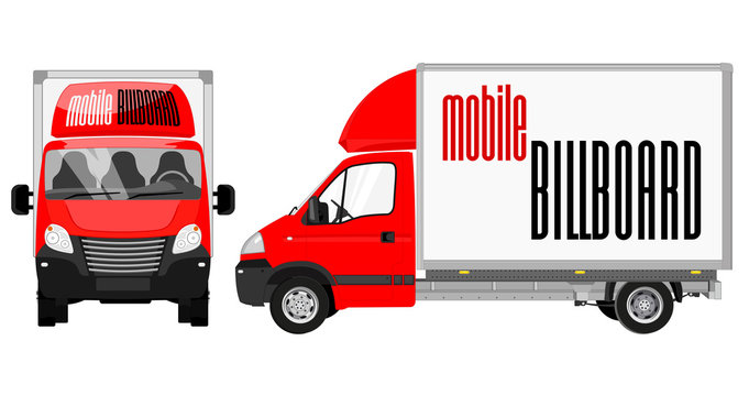 Small truck, front view and side view. Cargo delivery. Solid and Flat color design. White truck car for transportation. Corporate identity.