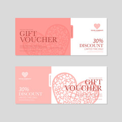 Valentine's Day Gift Coupon. Gift voucher template with red hearts. Valentines Day discount voucher or certificate layout