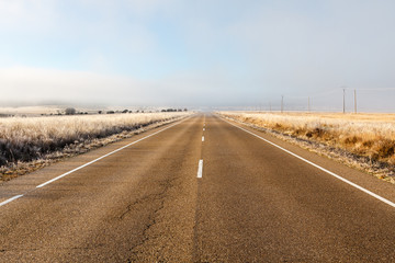 Carretera de asfalto, praderas y niebla.