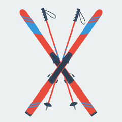 Pair of red skis and ski poles - obrazy, fototapety, plakaty
