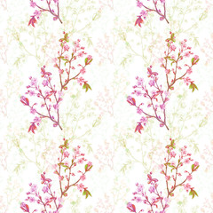Watercolor floral seamless pattern with spring blossom, branch with pink flowers (cherry, plum, almonds), green outline, hand draw sketch and watercolor painting on white background